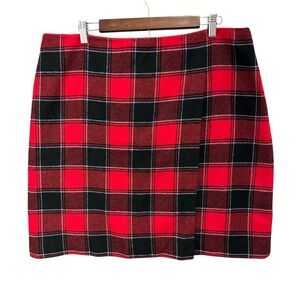 Talbots Plaid Mini Skirt 16 Red Black Wool Blend Wrap Holiday Preppy Academic